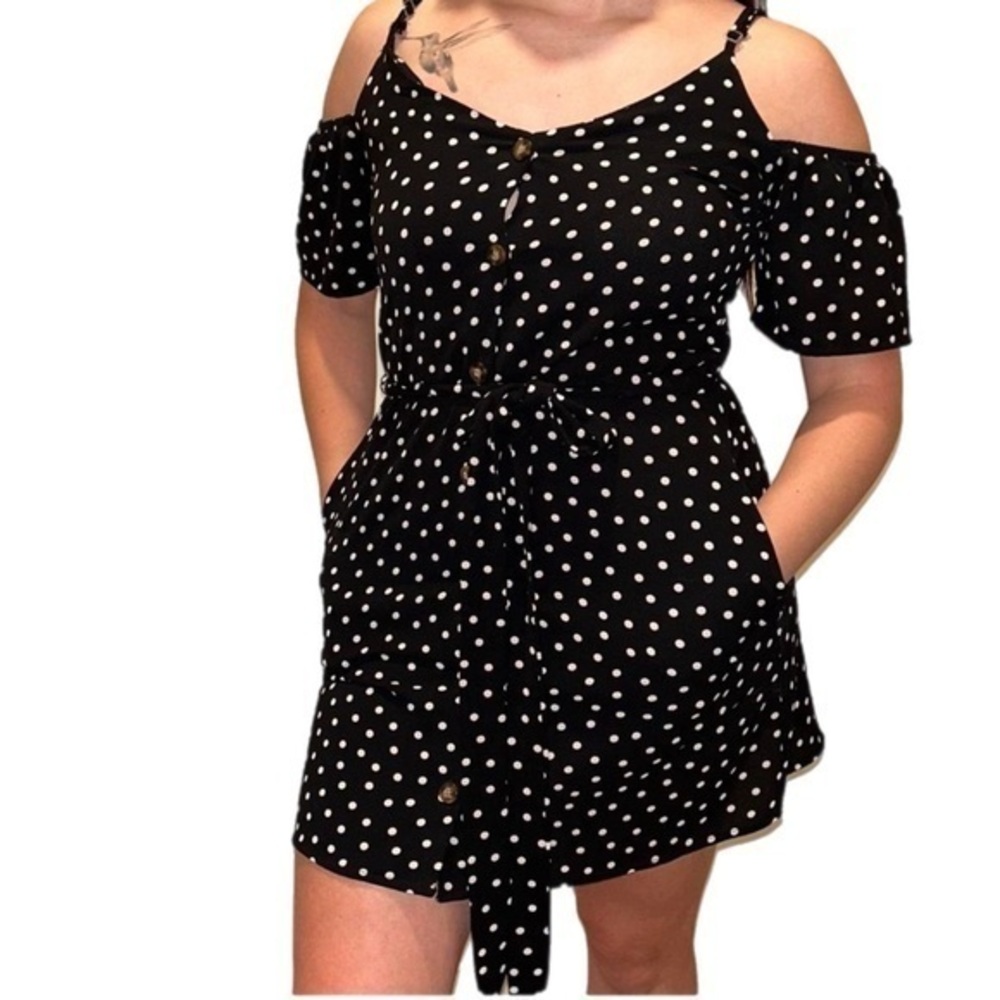 Speechless | Black and White Polka Dot Cold Shoulder Button Front Dress